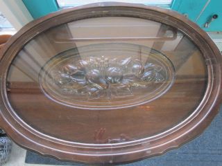Lovely 1930s Ornate Carved Walnut Oval Coffee Table With Glass Tray Top photo