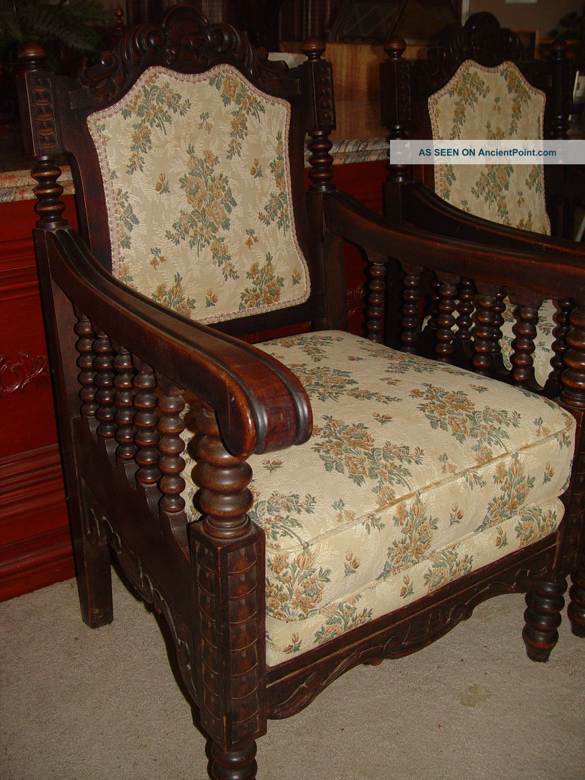 Rare Pair Of Antique English Renaissance,  Carved Oak,  Barley Twist Sitting Chairs Pre-1800 photo