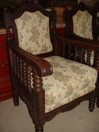 Rare Pair Of Antique English Renaissance,  Carved Oak,  Barley Twist Sitting Chairs photo