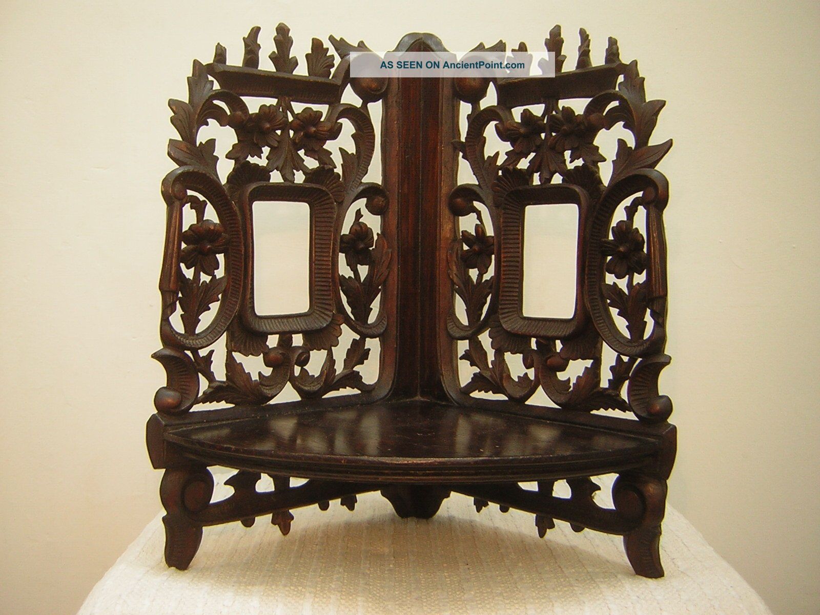 Old Walnut Wall Corner Shelf In Carved Wood 19 Inches Tall. . Other photo