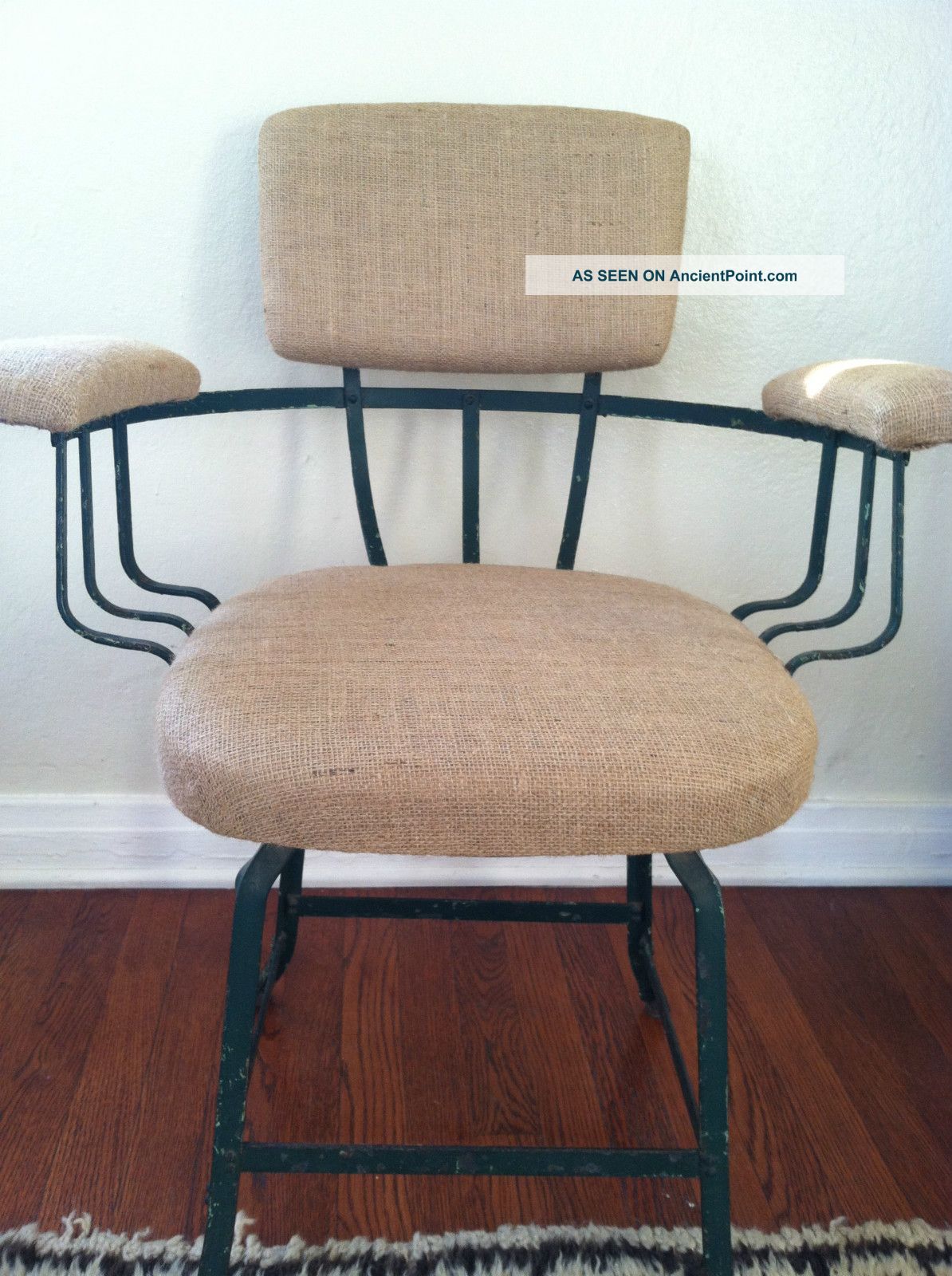 Vintage Early 1900s Industrial Iron Chair Burlap Upholstery Kitchen/garden Uk Fr 1900-1950 photo