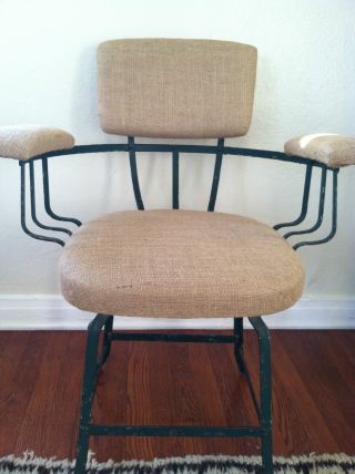 Vintage Early 1900s Industrial Iron Chair Burlap Upholstery Kitchen/garden Uk Fr photo