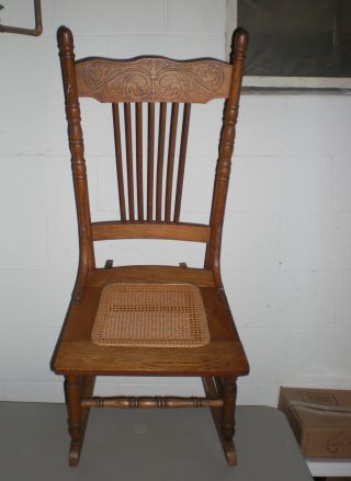 Vintage Oak Pressed Back Design Rocking Chair Cane Seat photo