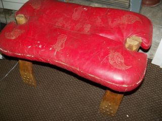 Vintage Antique Red Leather Camel Saddle Foot Stool Seat Chair Decor photo