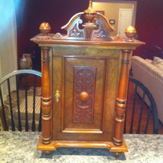 Victorian Walnut Hanging Cabinet With Carved Door And Key Latch photo