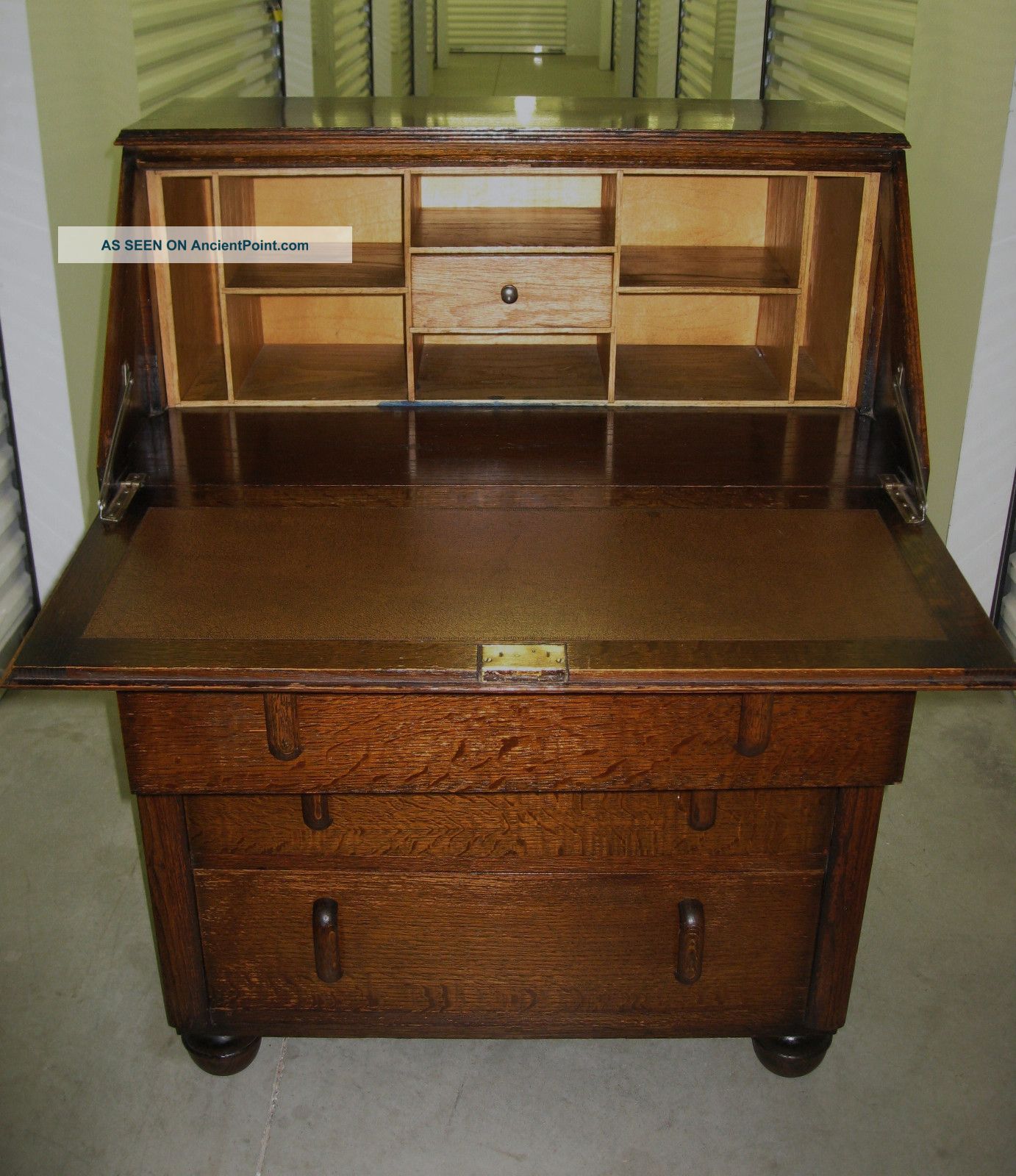 Antique Art Deco Tiger Oak Wood Secretary Bureau Drop Front Desk Cabinet 1800-1899 photo