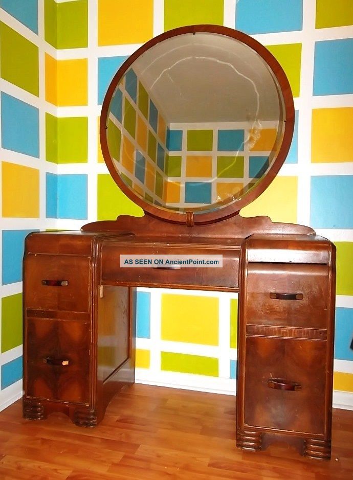 `50s Vintage Art Deco Mid Century Vanity W/ Mirror Dressing Table Desk Post-1950 photo