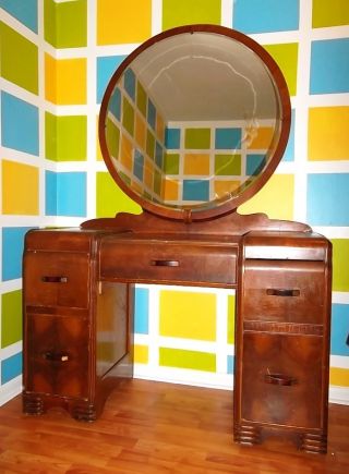 `50s Vintage Art Deco Mid Century Vanity W/ Mirror Dressing Table Desk photo