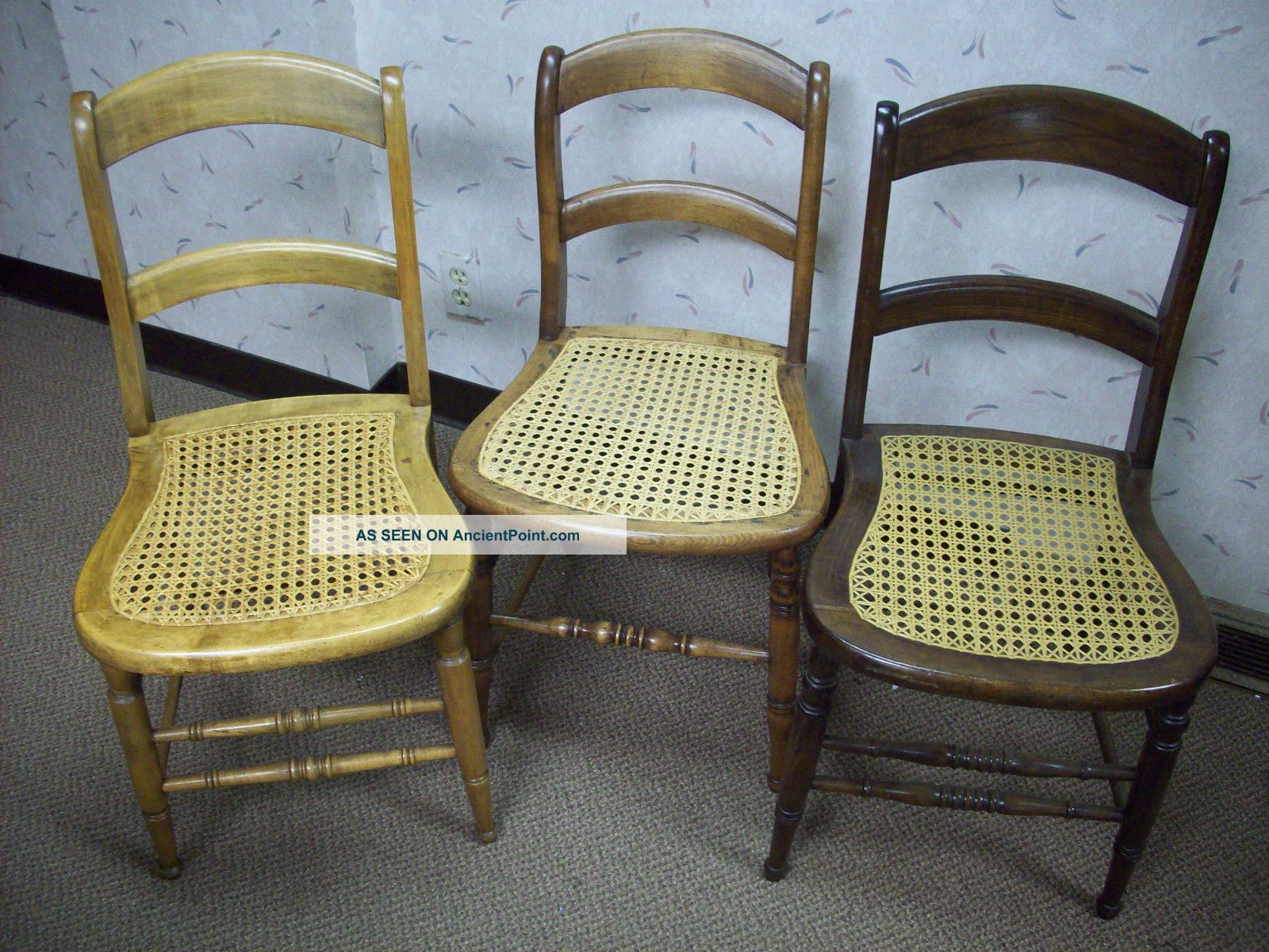 Three Antique Ladder Back Dining Room Chairs Cane Seat Refinished Simiilar 1900-1950 photo