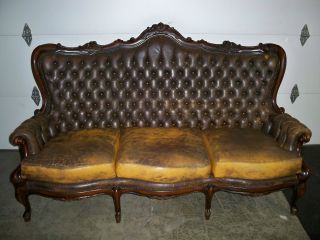 Vintage Antique Leather Parlor Couch And 2 Chairs photo