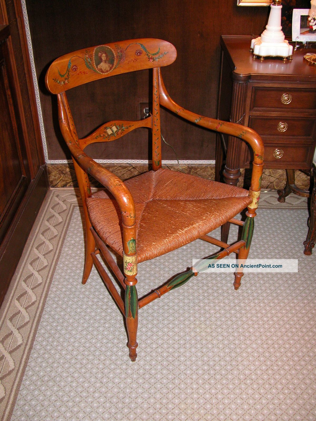 Mid 19th Century Decorated Italian Open Arm Chair With Rush Seat 1900-1950 photo
