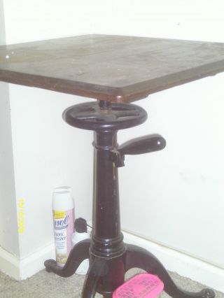 Antique Square Top Pedestal Adjustable Table Cast Iron Leg/oak Top. . . photo
