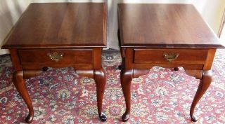 Vintage Broyhill Lenoir Cherry Queen Anne Side/ End Tables,  Drawers Pair photo
