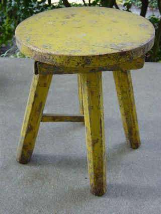 Old Yellow Layered Chippy Paint Wood Stool 11 