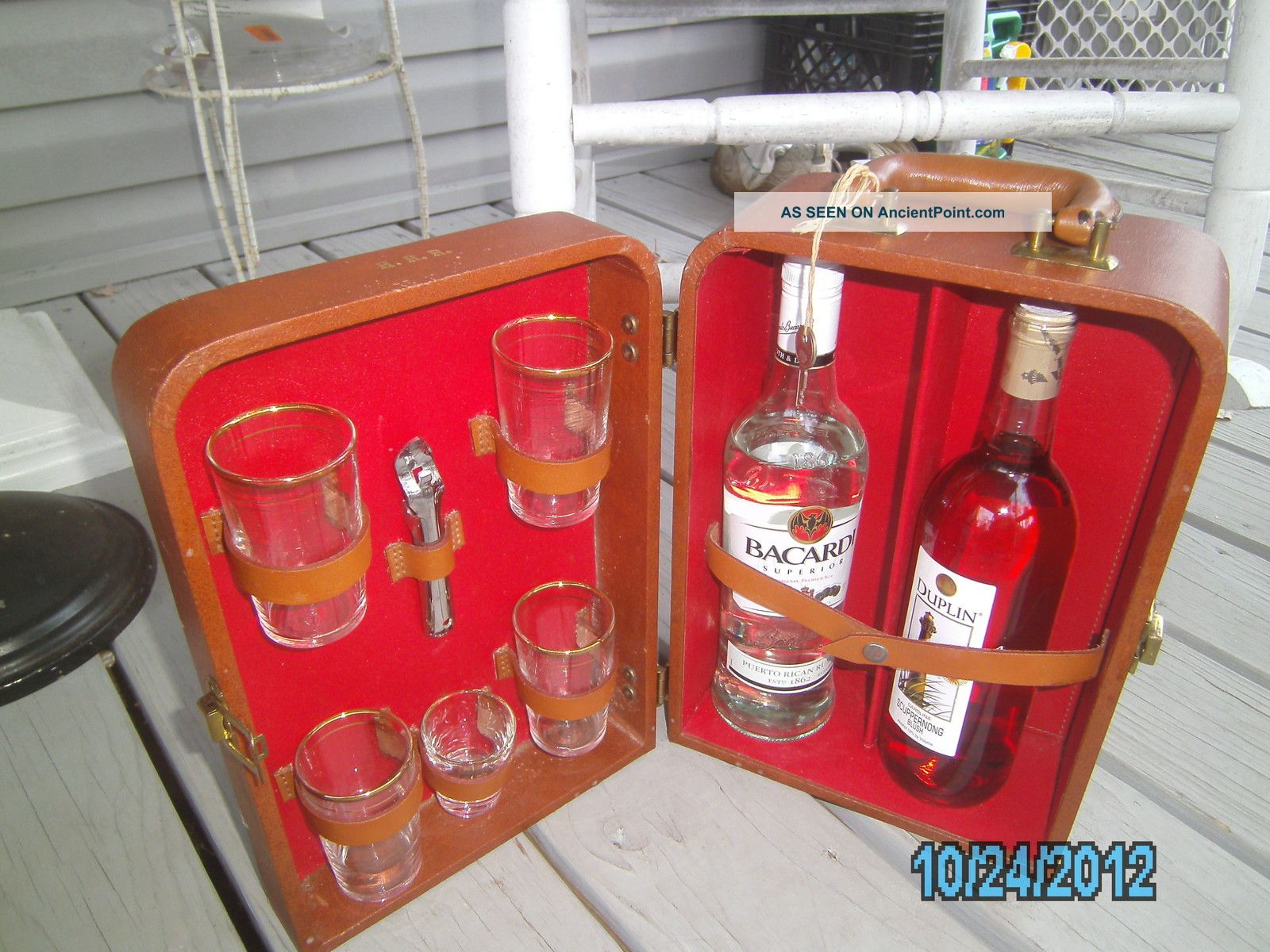 Liquor Case With Shot Glass 2 Places For Bottles Opener And Four Glasses 1900-1950 photo