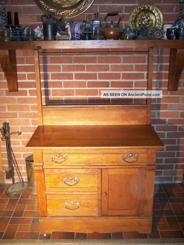 Lovely Antique Oak Washstand With Towel Bar,  C.  1850 - 90 1800-1899 photo