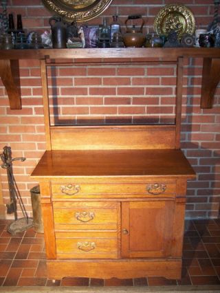 Lovely Antique Oak Washstand With Towel Bar,  C.  1850 - 90 photo