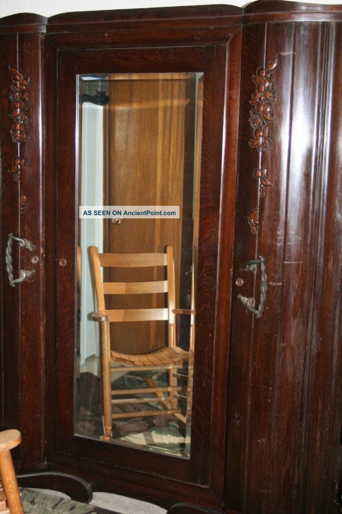 Huge Antique Wooden Victorian Wardrobe Curved Carved Door Beveled Mirror Armoire 1800-1899 photo