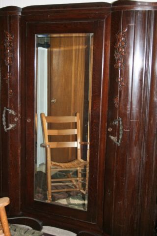 Huge Antique Wooden Victorian Wardrobe Curved Carved Door Beveled Mirror Armoire photo