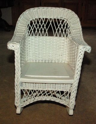 Antique Wicker Child ' S Rocking Chair - - Repainted White - Doll Display? photo