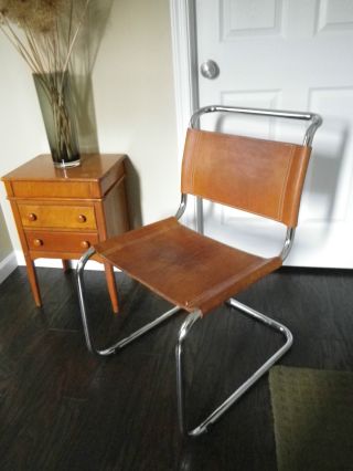 Vintage Mid Century Modern Bauhaus Mart Stam Chrome & Cognac Leather Side Chair photo