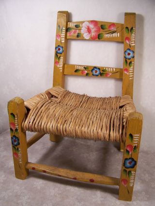 Vintage Painted Childs Chair Yellow With Flowers Southwestern Primitive photo