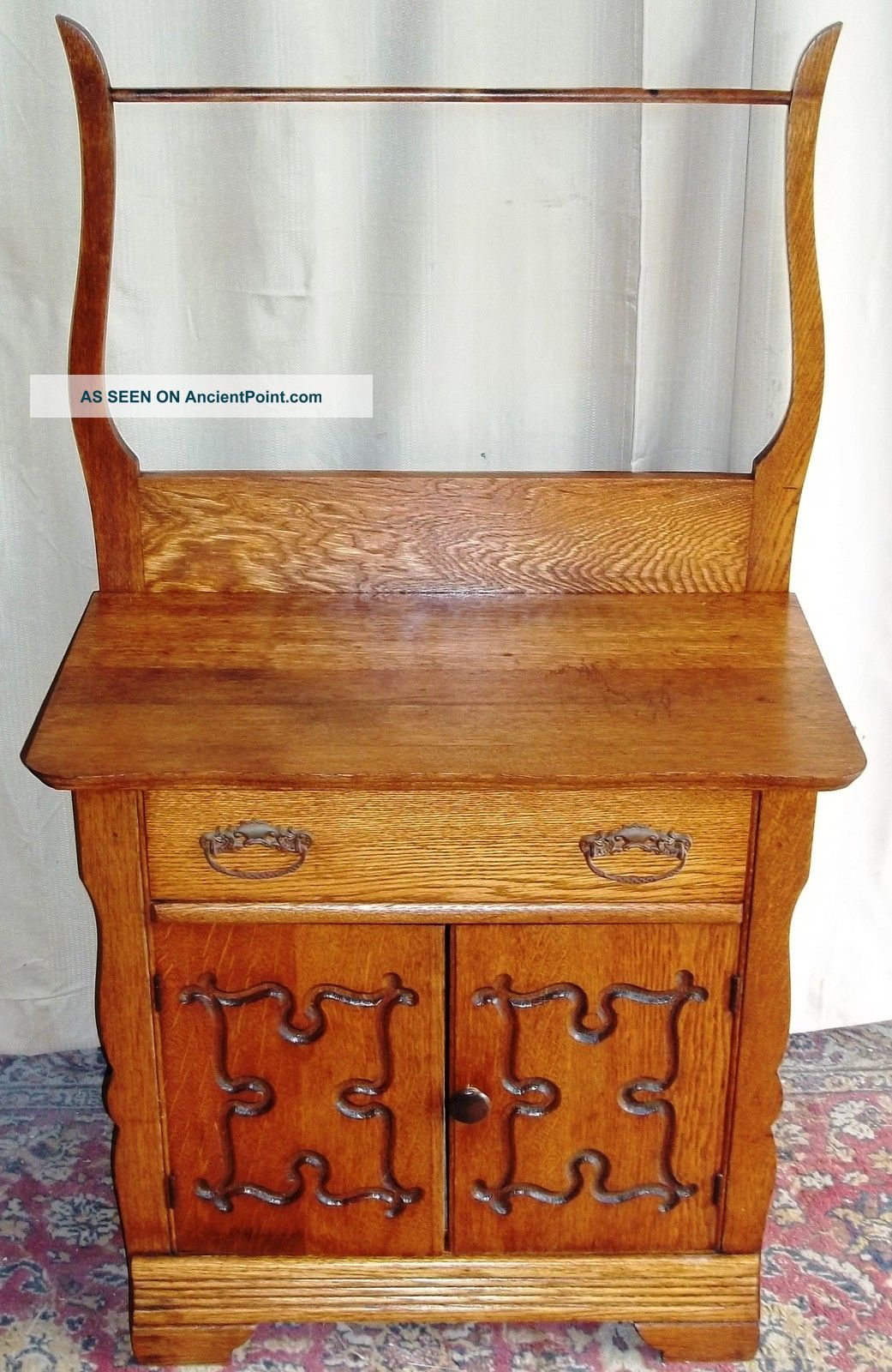 Antique Oak Washstand/ Small Dressser With Towel Rack Engraved Doors 1900-1950 photo