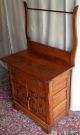 Antique Oak Washstand/ Small Dressser With Towel Rack Engraved Doors 1900-1950 photo 4
