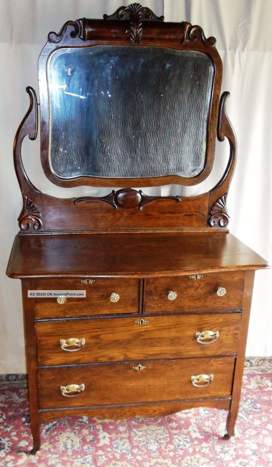 Antique Large Oak 2 Over 2 Drawer Dresser With Tall Framed Tilt Mirror,  Carving 1900-1950 photo