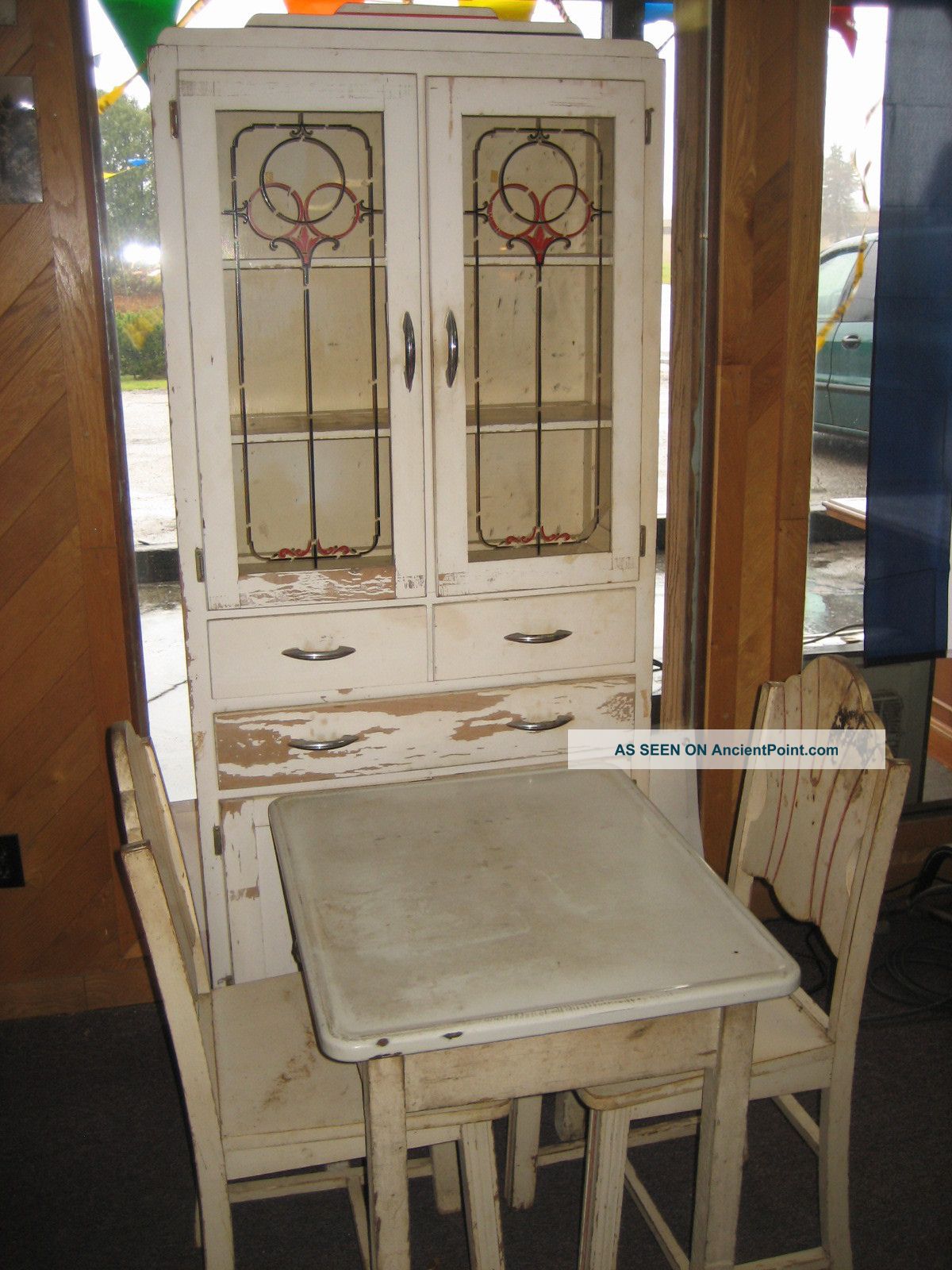 Antique Byrdis Maple Cabinet With Table & Chairs,  1930 ' S - 40 