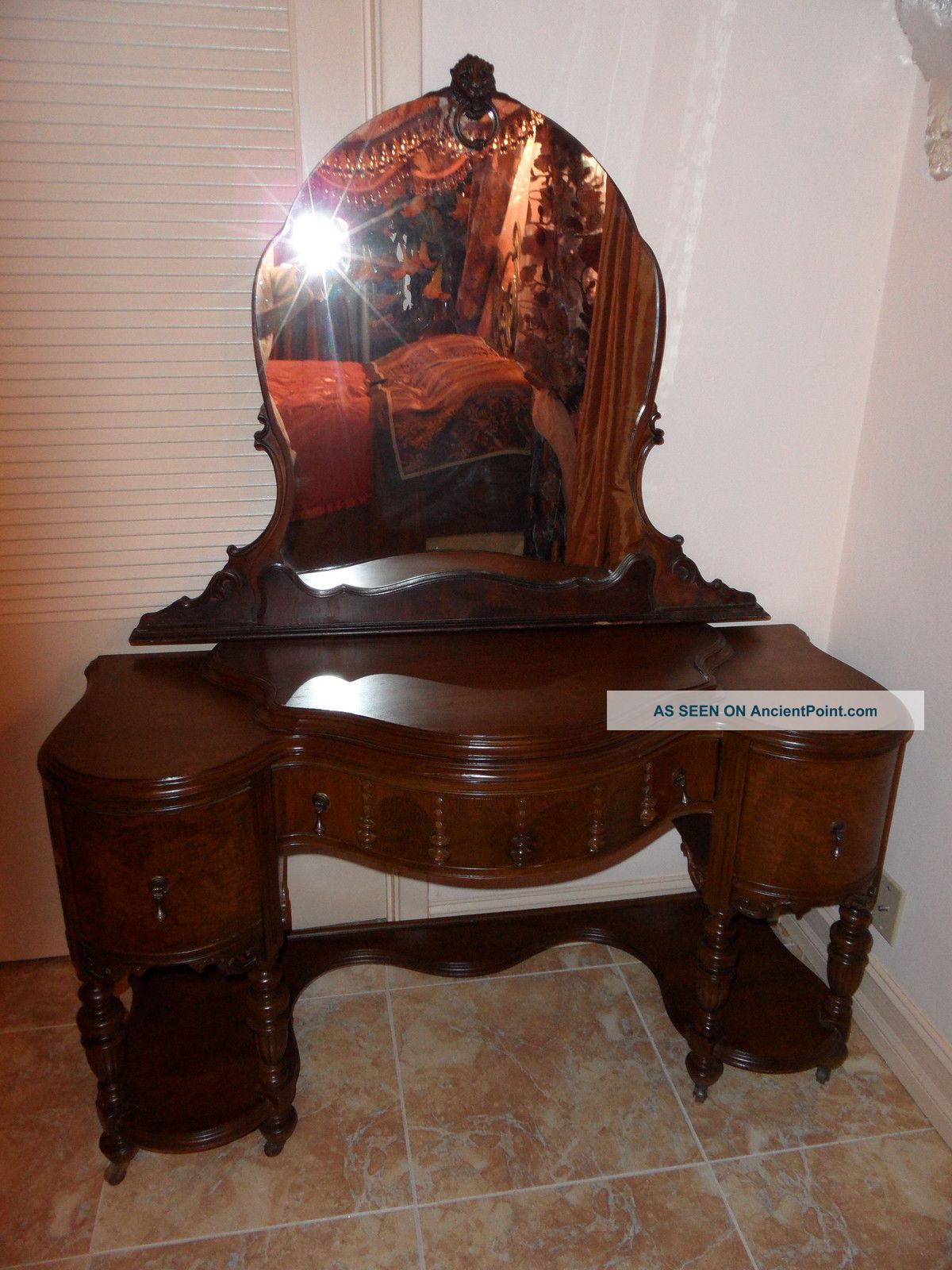 Antique Vanity Burl Wood & 3 Drawers With Mirror 1900-1950 photo