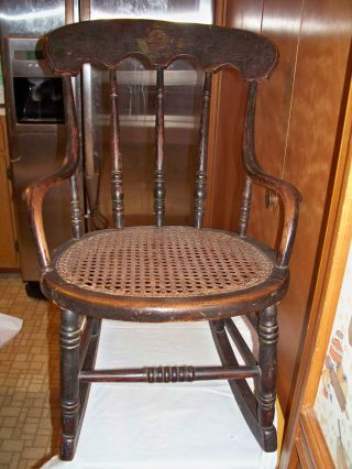 Antique 1800 ' S Child ' S Rocking Chair With Cane Seating & Painted Decoration photo