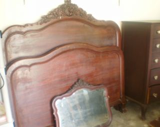 Antique Handcarved Mahogony Bed Dresser + Mirror Vanity +triple Mirror Repair photo