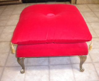 Vintage Queen Anne Leg Red Velvet Tufted / Pillow Top Footstool / Ottoman,  Neat photo