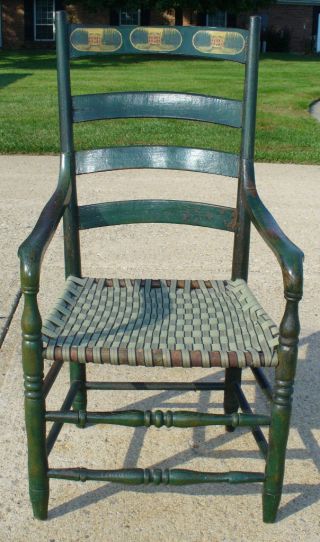 Antique / Primitive Green Wooden Arm Chair With New Woven Seat photo