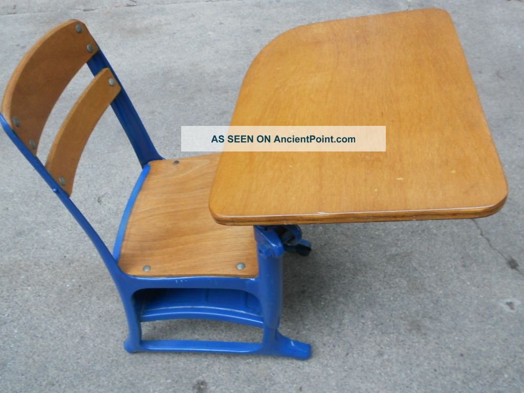 Antique Vintage Elementary School Child Desk Wood Metal Blue Local Pick Up Only Post-1950 photo