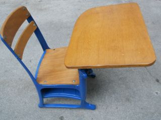 Antique Vintage Elementary School Child Desk Wood Metal Blue Local Pick Up Only photo