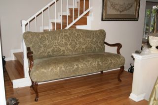 Elegant French Settee Sofa Hand Carved Mahogany,  Silk Upholstered photo