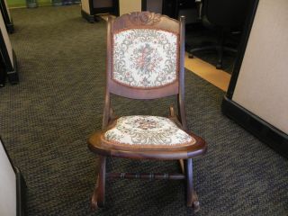 Vintage Folding Rocking Chair,  (sewing Style) With Floral Tapestry Upholstery photo