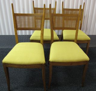 Four Mid Century Modern Wood & Cane Dining Chairs W/ New Deadstock Fabric Danish photo