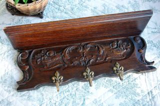 French Antique Carved Oak Panel Coat Rack Hooks Wall Shelf Kitchen Linen Copper photo