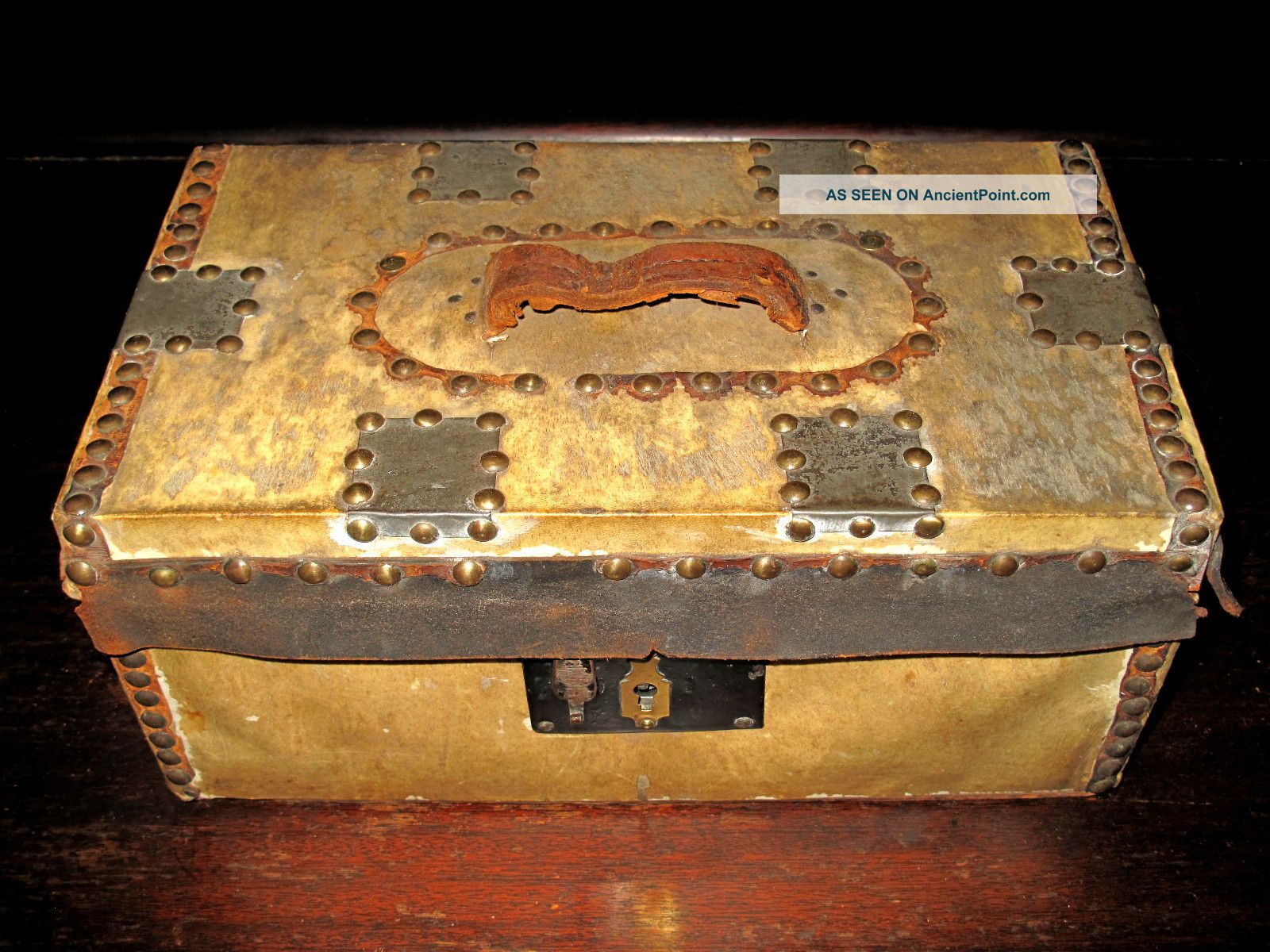 C1840 Hide Covered Trunk Boston Shelton Cheever Lock Chest Box Leather 1800-1899 photo