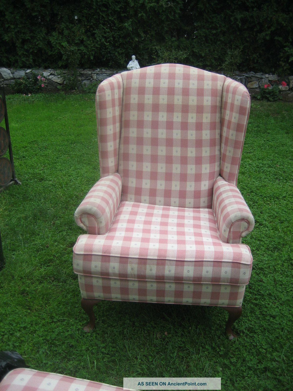 Antique Mahogany Pink Plaid Queen Anne Chair 1900-1950 photo