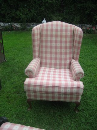 Antique Mahogany Pink Plaid Queen Anne Chair photo