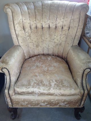 Antique 19th Century Wingback Chair Shabby Chic Silk And Velvet Champagne photo