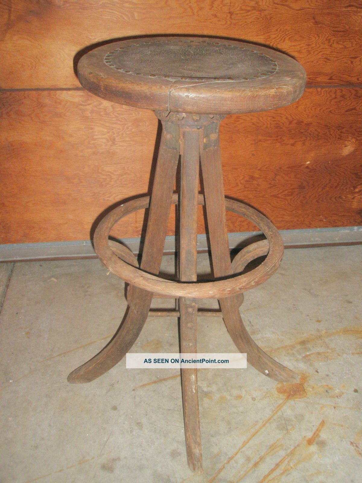 Old Architect Artist Stool Bent Wood Nail Head Leather Primitive Arts & Crafts 1900-1950 photo