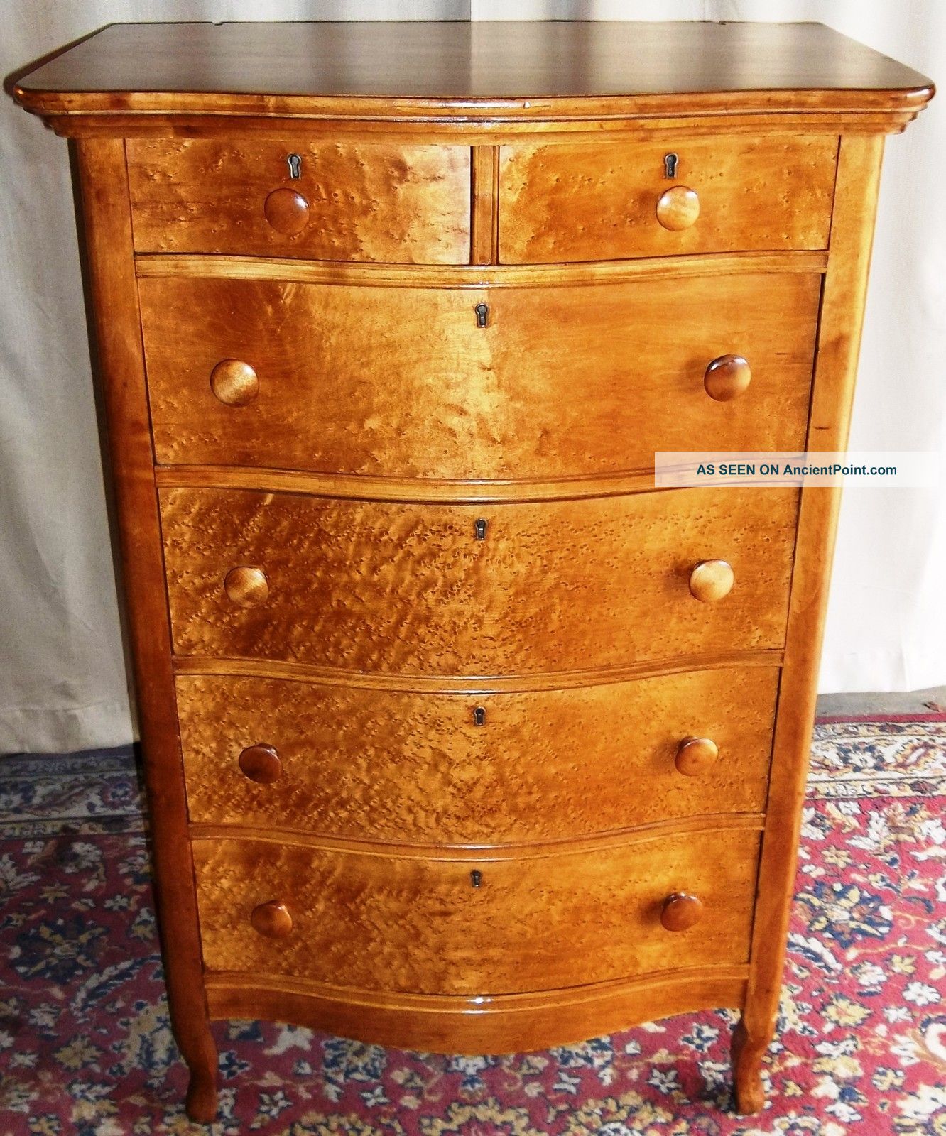 Antique Birds Eye Maple Tall 2 Over 4 Bowed Drawer Dresser