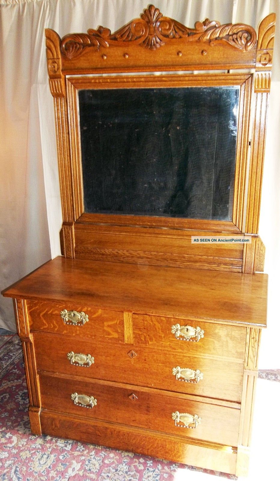 Antique Oak 2 Over 2 Drawer Dresser,  Large Framed Tilt Mirror,  Applied Carvings 1900-1950 photo