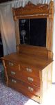 Antique Oak 2 Over 2 Drawer Dresser,  Large Framed Tilt Mirror,  Applied Carvings 1900-1950 photo 2