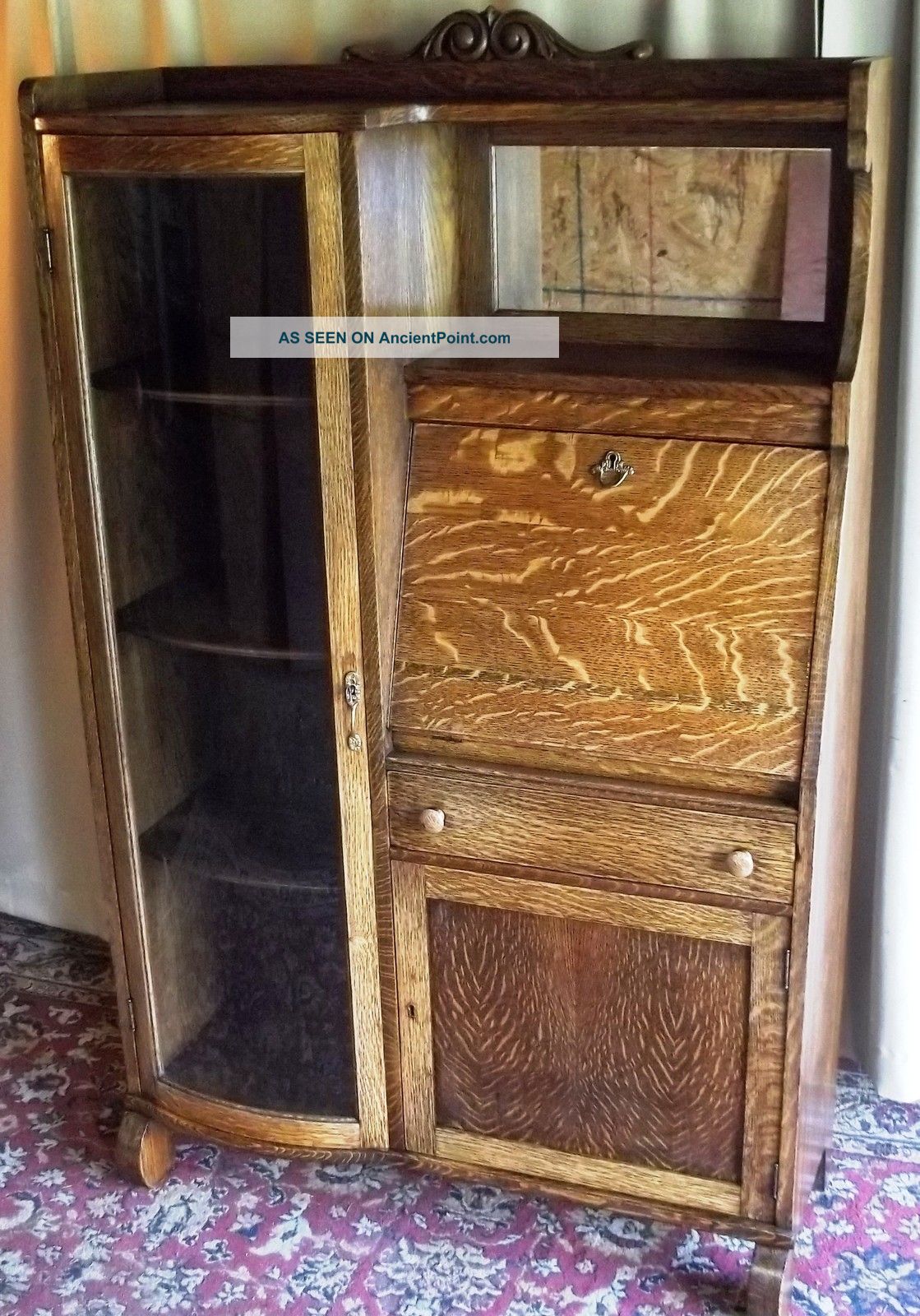 Antique Tiger Oak Empire Style Bowed Glass Side X Side Desk/ Cabinet/ Bookcase 1900-1950 photo